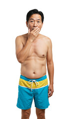 Fototapeta premium Surprised middle-aged Asian man, shirtless in blue and yellow swim trunks, covering his mouth with his hand in shock against a transparent background.