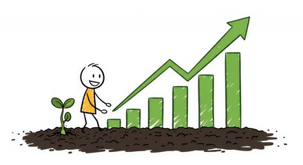 Stickman Planting Seed Representing Growth With Rising Graph on White Symbolizing Business Motivation
