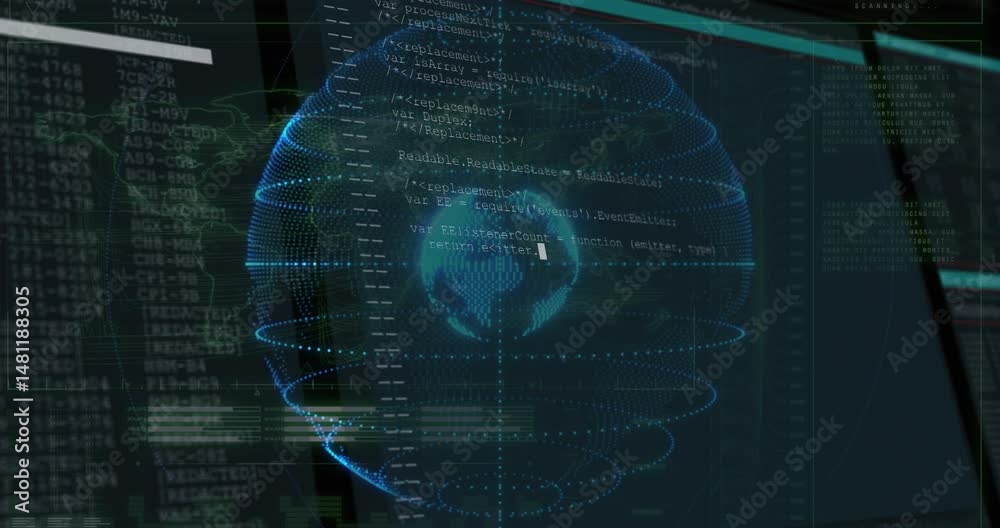 Poster visualizing blue digital globe ringed by data, spinning on dashboard showing code snippets, charts