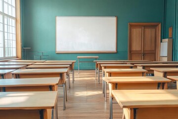 Empty classroom with wooden desks and chairs illuminated by natural light from large windows and a blank whiteboard on a green wall