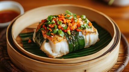 A steamed fish fillet wrapped in banana leaf, topped with herbs and chili, served in a bamboo steamer.