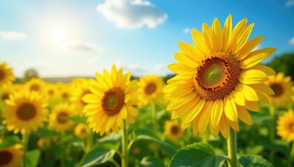 Vibrant sunflowers basking in summer sunlight, a field of golden blooms , day, golden, flowers