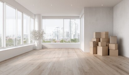 Empty room with moving boxes.  Spacious modern interior with city view