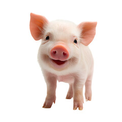 A smiling little piglet with pink ears and snout standing against a black background.