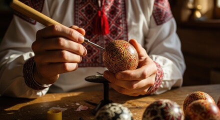 Artisan meticulously decorating an egg