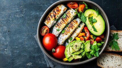 Fresh salad bowl with grilled fish, avocado, tomatoes, greens, and bread on a dark rustic background.