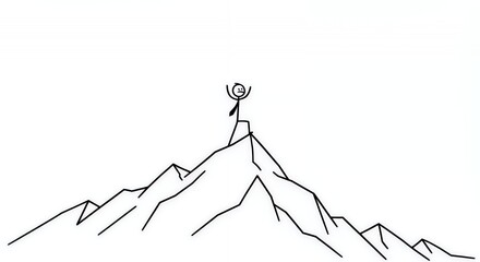 Stickman Reaching Mountain Peak Isolated on White Background Symbolizing Business Success and Motivation