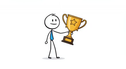 Stickman Receives Gold Trophy for Business Achievement on White Background Illustrating Career Success