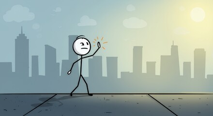 Stickman Self High Five with Cityscape Background Symbolizing Motivation and Success in Black and White Illustration