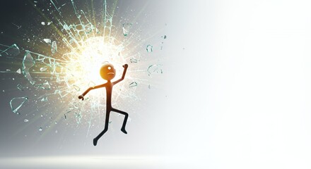 Stickman Shattering Glass Ceiling Symbolizing Business Motivation and Career Advancement in Bold Black and White Isolated on White Background
