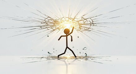 Stickman Shattering Glass Ceiling with Rising Sun on White Symbolizing Business Progress and Motivation