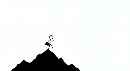Stickman Silhouette Climbing Mountain on White Symbolizing Business Motivation and Overcoming Challenges