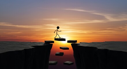 Stickman Stepping Stone Crossing Silhouette at Sunset Symbolizing Overcoming Business Challenges And Achieving Ambitious Goals