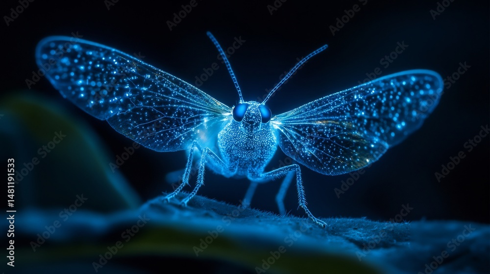 Poster close up macro shot of glowing insect with detailed bioluminescence on wings and body isolated on bl