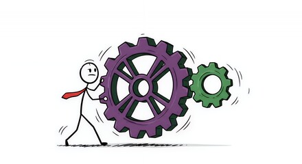 Obraz premium Stickman Turning Business Gear on White Background to Symbolize Momentum