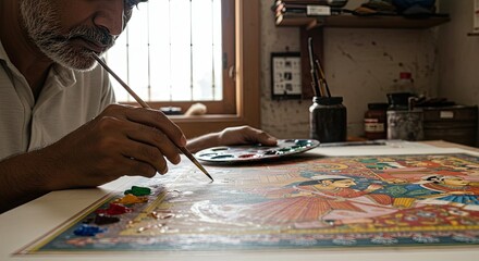 Artist painting a large artwork.  Detailed close-up of hands applying paint