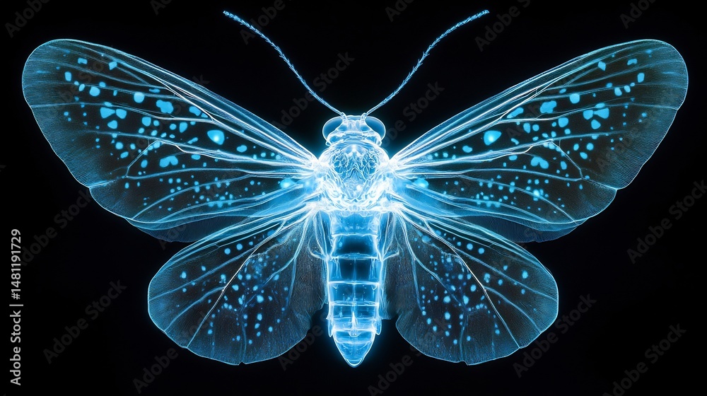 Poster close up macro shot of glowing insect with detailed bioluminescence on wings and body isolated on bl