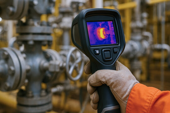 Thermal camera used for maintenance service in oil and gas industry detects heat leaks and ensures safety in industrial operations