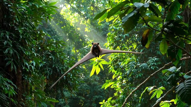 Sunda flying lemur gliding through lush tropical rainforest canopy