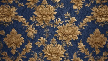 Intricate gold floral pattern on deep royal blue damask wallpaper, vintage, graphics, rich