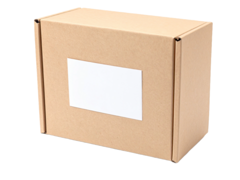 Brown cardboard box with a white label suitable for packaging, shipping, moving, storage, organization, delivery services, or business concepts.