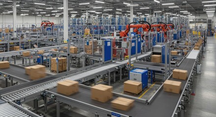 Automated warehouse, boxes on conveyor belts