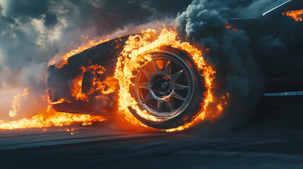 Race car disc brakes burning with heat and smoke during night track performance. [Steamspire Wastes] | Molten Rail | burning track. Illustration