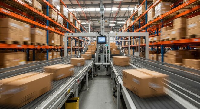 Automated warehouse with conveyor belts moving boxes.  High-speed, modern fulfillment center