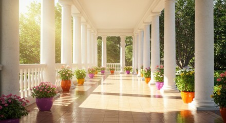 Obraz premium Elegant porch with flowers symbolizing serenity and beauty, featuring columns and sunlight