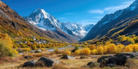Autumnal Mountain Village nestled in a valley, with snow-capped peaks