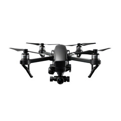 Professional Black Drone with Camera in Flight Isolated on Transparent Background

