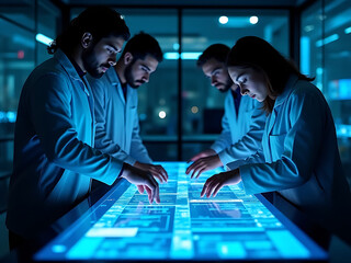 Collaborative tech innovation workshop modern office digital display high-tech environment teamwork