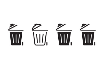 This vector illustration shows a set of recycle bin icons and a trash can icon, representing garbage and waste containers for recycling