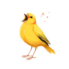 A bright yellow canary, mouth open, appears to be singing on a black background, with music notes flying out.