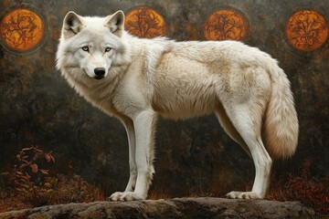 Obraz premium Majestic white wolf standing on a rocky surface with autumnal foliage below and round orange floral patterns on a dark textured background, serene and powerful atmosphere