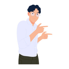 Businessman showing smiling face and wearing glasses and looking self confident pointing with both index fingers at empty space beside. Vector illustration on white background.