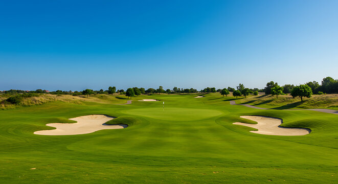 Expansive golf course with undulating green sand bunkers and distant trees under a clear blue sky