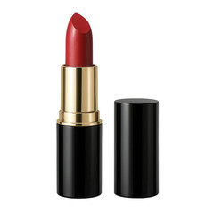 Obraz premium Single vivid red lipstick tube with black and gold accents, isolated on transparent background