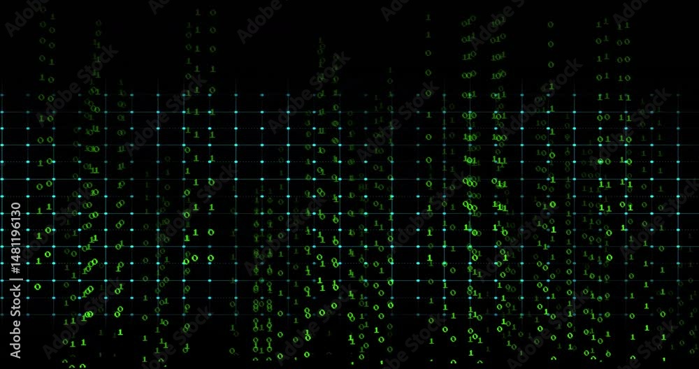 Aufkleber neon ecg waveform pulsing across digital grid, showing falling binary digits and glowing nodes