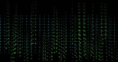 Neon ECG waveform pulsing across digital grid, showing falling binary digits and glowing nodes - Powered by Adobe