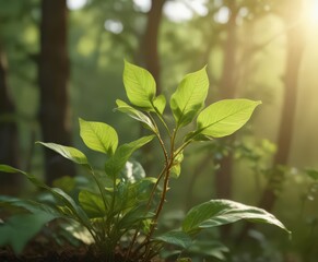 Fototapeta premium Delicate sprout bathed in golden dawn light, vibrant green leaves unfolding against blurred natural backdrop, beam, growth