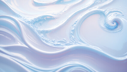 Abstract wave pattern with swirling shapes in shades of white blue and pink.
