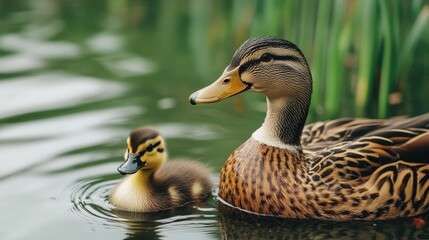 A mother duck and her duckling swim together peacefully on a pond surrounded by green reeds.