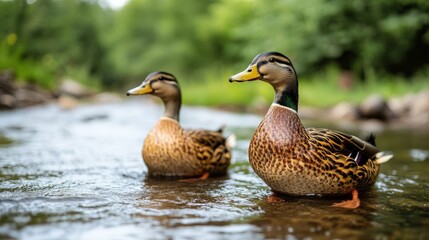 Obraz premium Two ducks swim in a shallow, clear stream surrounded by lush, green foliage.