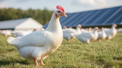 Fototapeta premium A white chicken stands on green grass with several other chickens and farm buildings in the background on a sunny day.