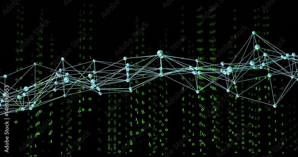 Poster 3D render showing glowing network nodes floating among dark green binary digits, forming data mesh