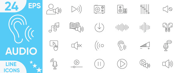 Audio icon set.sound, music, volume, earphones, equalizer, record, speaker, play, video, pause, equalizer, loudspeaker, mute, microphone and more.Vector and illustrator set.