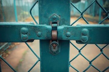 close-up of a rusty teal metal gate latch and lock on a chain-link fence with a blurred pathway in the background