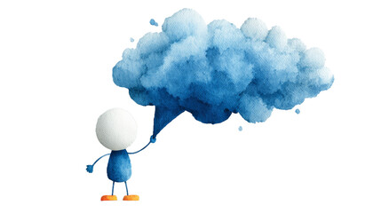 Exploring the Depths of Communication: A Person Standing Under a Cloud of Ideas in a Watercolor World