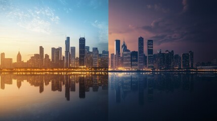 Obraz premium A captivating split view reveals Chicago's skyline at dawn and night, reflected in the water.